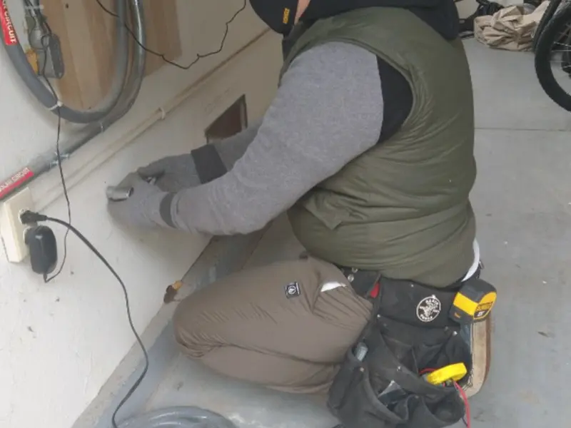 Electrician performing outlet wiring in a Monte Vista garage
